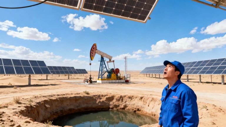 Un champ pétrolier entouré de panneaux solaires: la Chine mise sur l&rsquo;immense région désertique du Xinjiang pour devenir la championne du monde des énergies propres